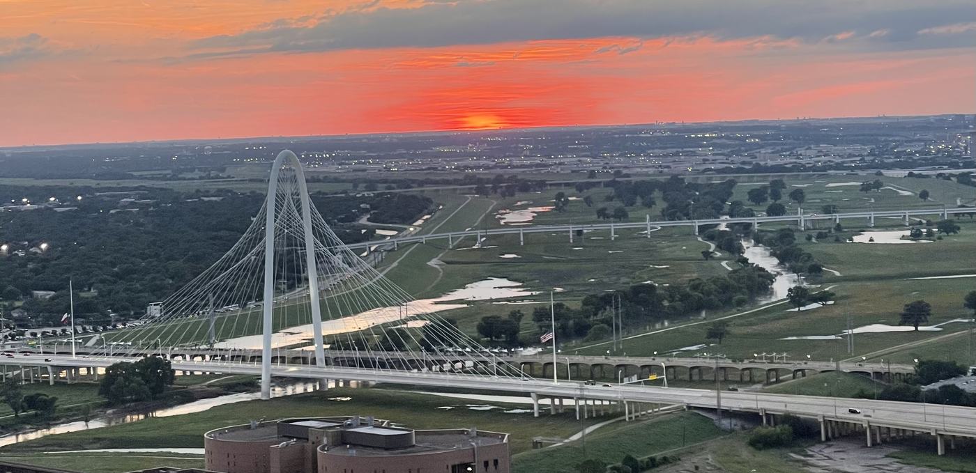 Sunset over the Margaret Hunt Hill Bridge and the Trinity River in Dallas